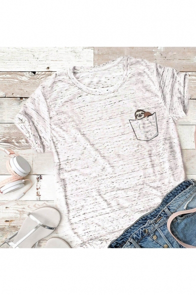 Lovely Cartoon Sloth Pocket Pattern Short Sleeve Crewneck Cotton Slim T-Shirt