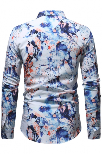 Men's Fashion Printed Lapel Collar Long Sleeve Button Front Blue Shirt
