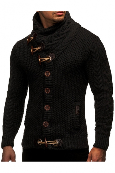 Men's Stylish Classic High Neck Long Sleeve Toggle Button Front Cable-Knit Sweater