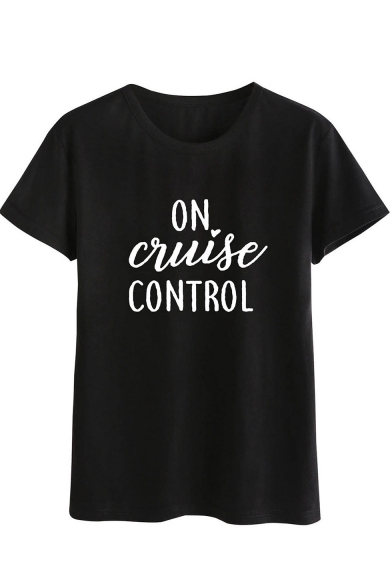 New Stylish Letter ON CONTROL Pattern Round Neck Long Sleeve Black Relaxed T-Shirt