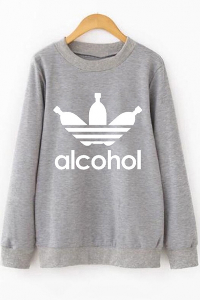 New Trendy Letter ALCOHOL Printed Crewneck Long Sleeve Slim Fitted Sweatshirt