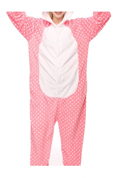 Pink Polka Dot Cat Cosplay Carnival Fleece Onesie Costume Sleepwear Pajama