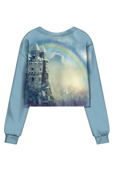 Rainbow Castle Unicorn Pattern Long Sleeve Round Neck Blue Sweatshirt