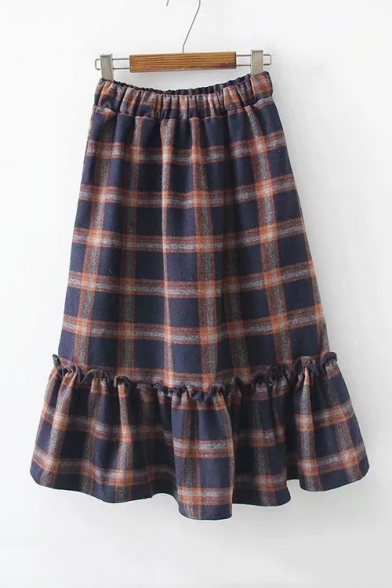 

Retro Plaid Printed Elastic Waist Ruffle Hem Midi A-Line Skirt, Red;dark gray;light gray