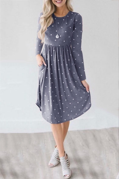 Simple Long Sleeve Polka Dot Pattern Elastic Wist Midi T-Shirt Dress