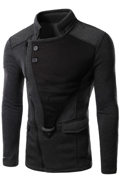 Trendy Stand Collar Button Embellished Long Sleeve Zip Up Patchwork Slim Coat