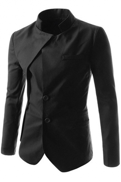 Unique Stand Up Collar Long Sleeve Button Front Patched Solid Slim Fitted Blazer Coat