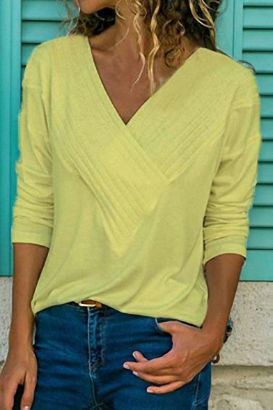 Autumn New Trendy Long Sleeve V Neck Basic Solid Fitted T-Shirt
