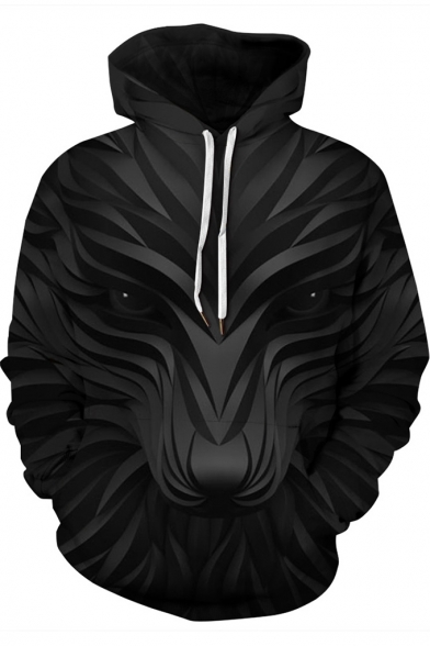Black New Trendy 3D Lion Pattern Long Sleeve Oversize Hoodie