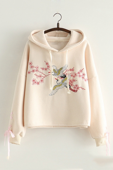 Chic Bow Tied Long Sleeve Fashion Floral Embroidered Loose Hoodie