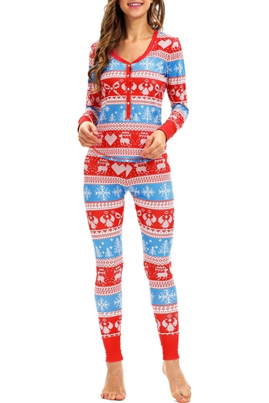 Christmas Deer Printed V Neck Long Sleeve Top Sleepwear Co-ords for Women
