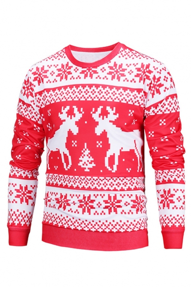 Christmas Snowflake Elk Printed Crewneck Long Sleeve Regular Fitted Red Sweatshirt