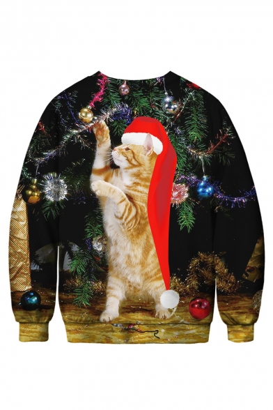 Cute 3D Cartoon Christmas Cat Pattern Crewneck Long Sleeve Black Sweatshirt