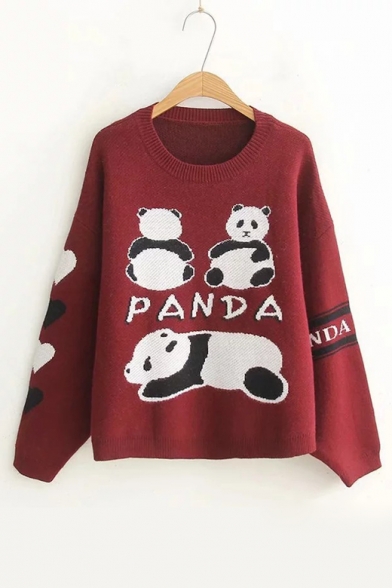 Cute Cartoon Panda Printed Round Neck Long Sleeve Pullover Sweater