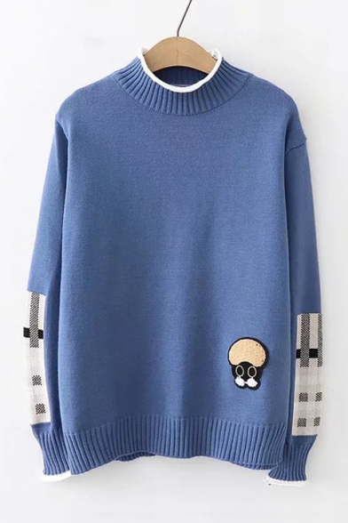 Cute Cartoon Patched Mock Neck Long Sleeve Loose Casual Pullover Sweater