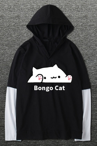Cute Cartoon Printed Letter BONGO CAT Color Block Black and White Cotton Hoodie