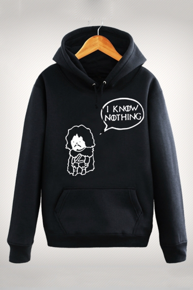 Funny Cartoon Figure Letter I KNOW NOTHING Printed Long Sleeve Loose Hoodie