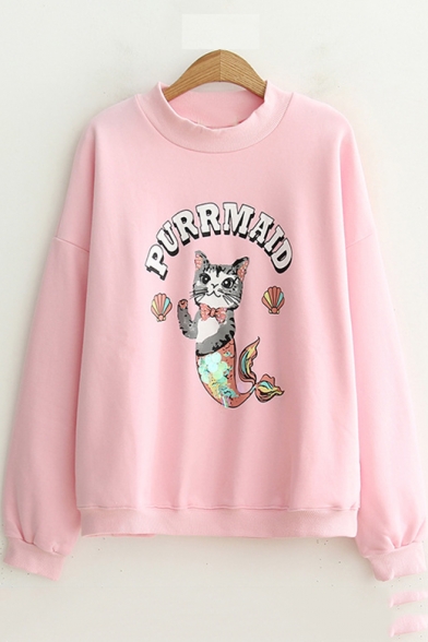 Girls' Lovely Cartoon Cat Pattern Long Sleeve Crew Neck Pullover Sweatshirt