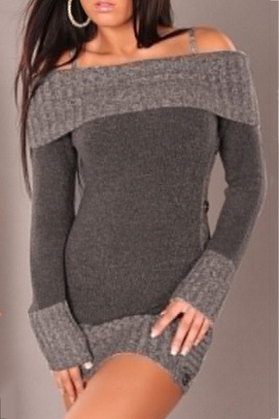 Hot Chic Colorblock Off The Should Long Sleeve Button Embellished Tunics Sweater