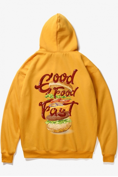 Letter GOOD FOOD Hamburger Print Back Long Sleeve Street Style Hoodie