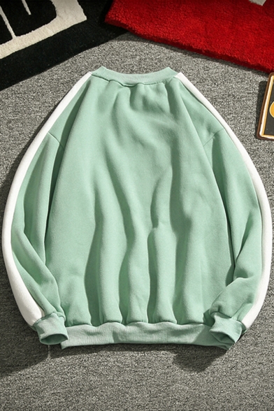 Letter MON Printed Colorblock Long Sleeve Crewneck Pullover Sweatshirt