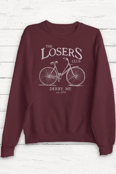 Letter THE LOSERS CLUB Printed Round Neck Long Sleeve Red Casual T-Shirt