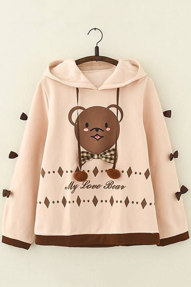 Light Khaki Cute Bear Pattern Long Sleeve Contrast Bow Embellished Hoodie