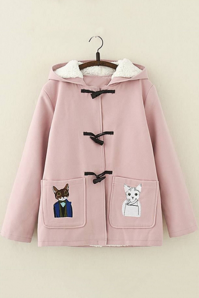 Lovely Cartoon Cat Embroidered Pocket Long Sleeve Toggle Button Down Woolen Coat