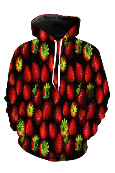 Unique 3D Strawberry Pattern Long Sleeve Loose Sports Red Hoodie