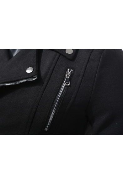 Winter's Notched Lapel Collar Long Sleeve Zip Embellished Double Breasted Woolen Black Coat
