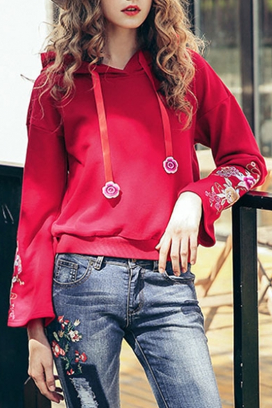 

Chic Floral Embroidered Bell Sleeve Casual Loose Red Hoodie for Women