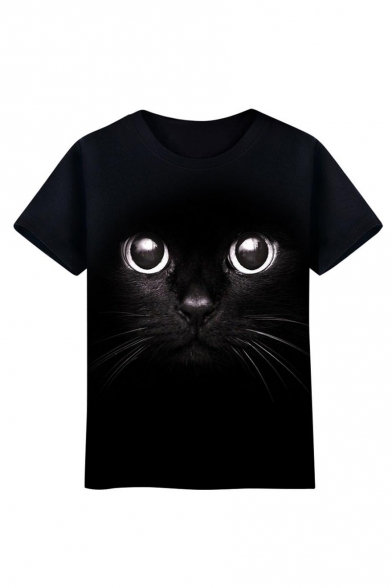 Cute Cartoon Cat Pattern Short Sleeve Round Neck Fitted Top for Women