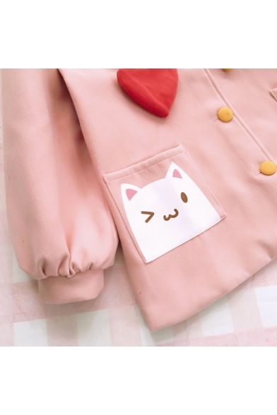 Cute Cartoon Cat Printed Long Sleeve Single Breasted Hooded Woolen Coat for Girls