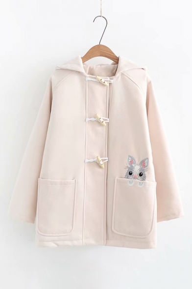 Cute Rabbit Embroidered Long Sleeve Toggle Button Down Hooded Wool Coat