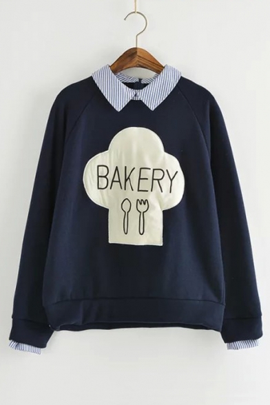 Fake Two-Piece Long Sleeve Letter BAKERY Printed Stripes Collar Loose Sweatshirt