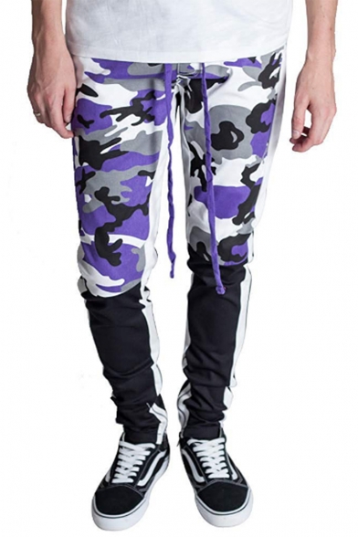 Fashion Color Block Camouflage Printed Sports Cotton Fitted Pants