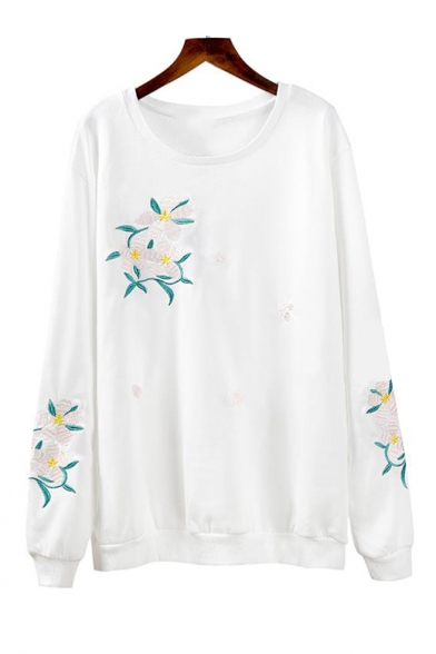 Fashion Floral Embroidered Long Sleeve Round Neck Loose Fitted Sweatshirt