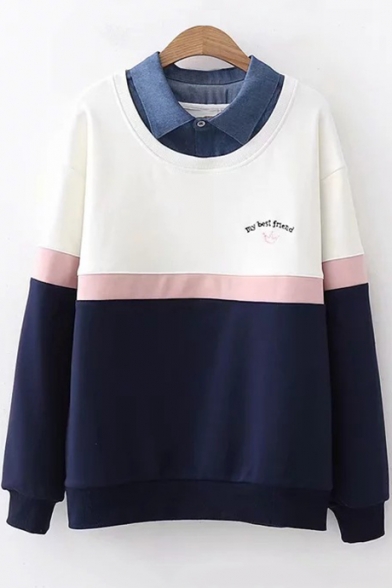 Fashion Letter MY BEST FRIEND Pattern Lapel Collar Patched Long Sleeve Colorblock Striped Sweatshirt