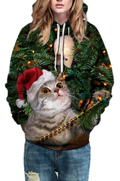 Hot Fashion 3D Christmas Cat Pattern Long Sleeve Green Sports Unisex Hoodie