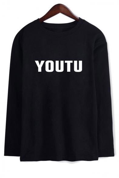 Letter YOUTU Printed Long Sleeve Round Neck Loose Tee for Couple