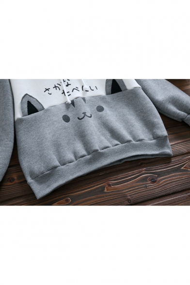 Lovely Cartoon Cat Printed Long Sleeve Color Block Gray Leisure Hoodie
