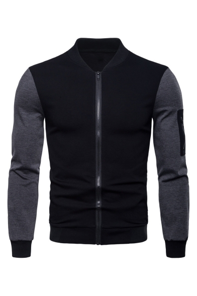 Men's Fashion Stand Collar Long Sleeve Black and Gray Color Block Zip Up Slim Jacket