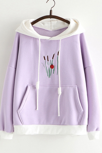 New Chic Cartoon Embroidered Long Sleeve Pocket Front Casual Hoodie