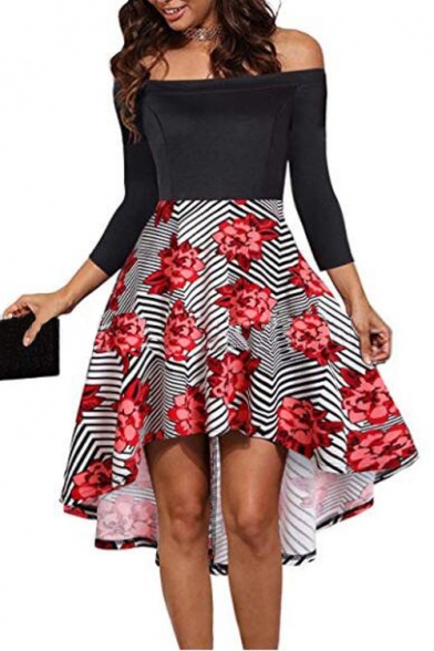 New Trendy Off The Should 3/4 Length Sleeve Floral Printed High Low Dress