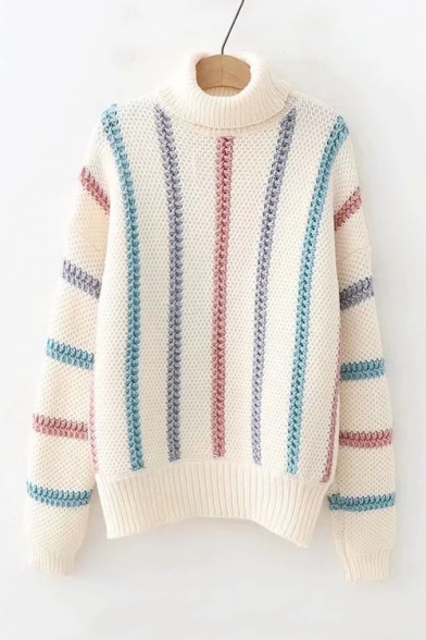 Stylish Colorful Stripes Printed Long Sleeve Turtleneck Casual Sweater