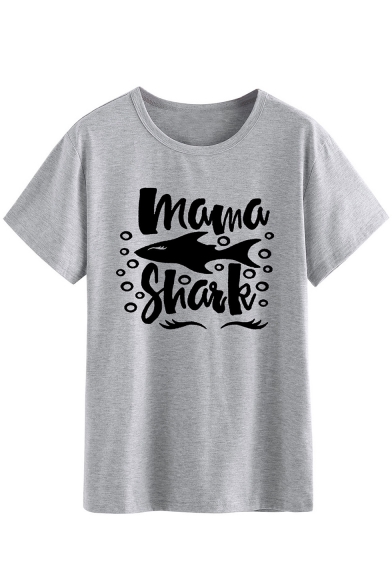 Stylish Letter MAMA SHARK Printed Short Sleeve Round Neck Gray T-Shirt