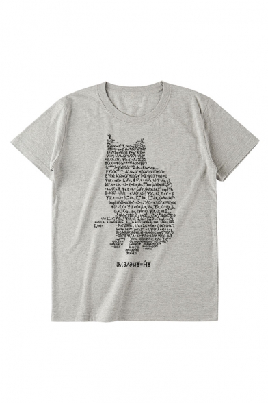 Unique Letter Cartoon Cat Pattern Round Neck Short Sleeve Casual T-Shirt