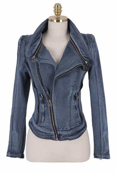 Vintage Distressed Blue Long Sleeve Zip Embellished Stand Collar Denim Jacket