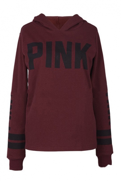 Winter's Fashion Letter PINK Printed Long Sleeve Oversized Burgundy Hoodie