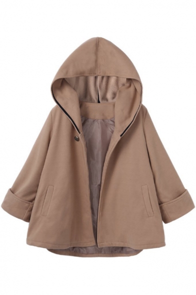 Winter's New Fashion Long Sleeve Hooded Contrast Trim Woolen Cape Coat